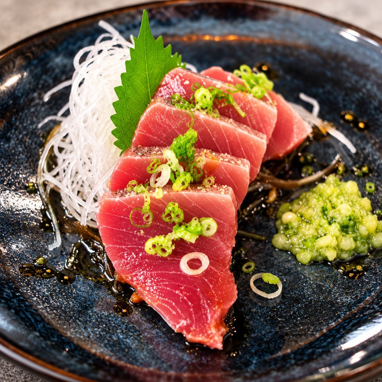 Tuna sashimi with shiso, daikon and scallions